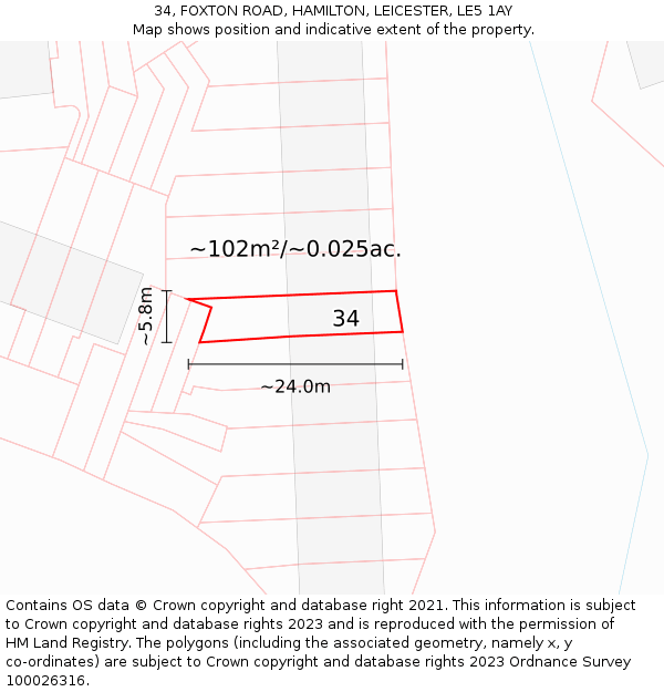 34, FOXTON ROAD, HAMILTON, LEICESTER, LE5 1AY: Plot and title map