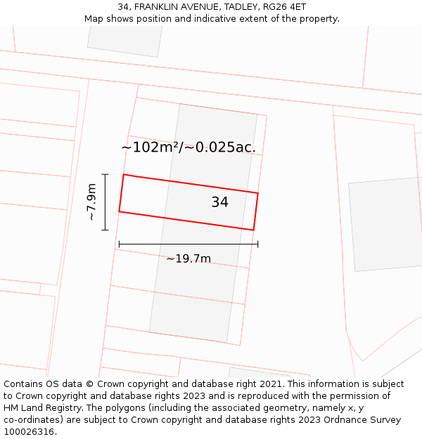 34, FRANKLIN AVENUE, TADLEY, RG26 4ET: Plot and title map