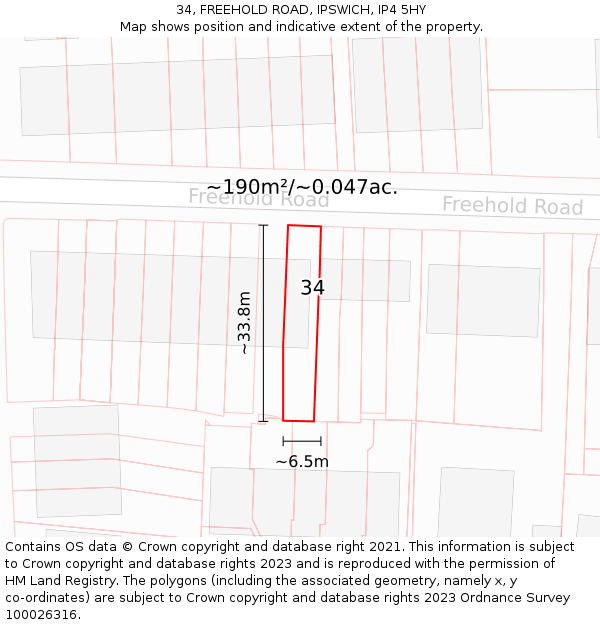 34, FREEHOLD ROAD, IPSWICH, IP4 5HY: Plot and title map