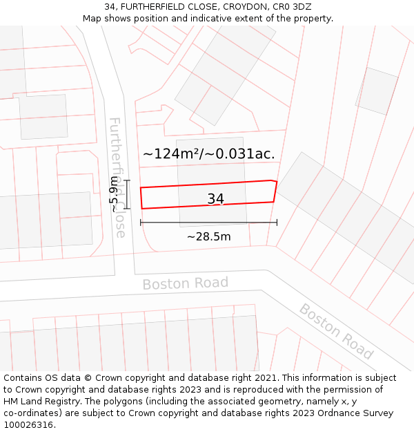 34, FURTHERFIELD CLOSE, CROYDON, CR0 3DZ: Plot and title map