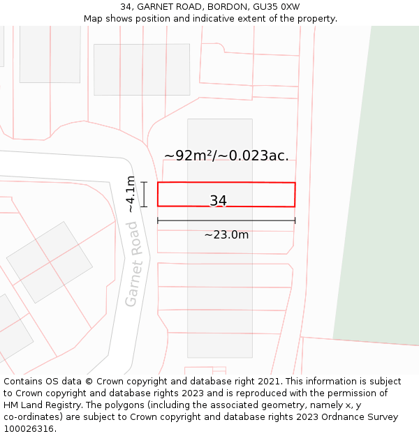 34, GARNET ROAD, BORDON, GU35 0XW: Plot and title map