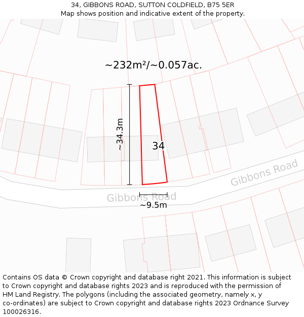 34, GIBBONS ROAD, SUTTON COLDFIELD, B75 5ER: Plot and title map