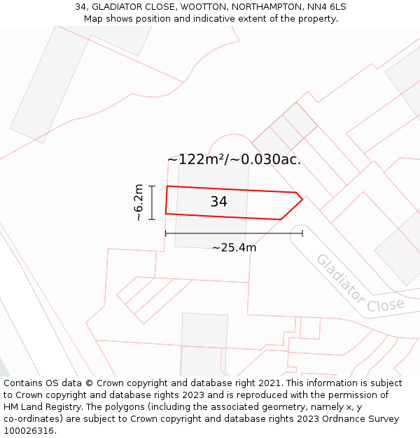34, GLADIATOR CLOSE, WOOTTON, NORTHAMPTON, NN4 6LS: Plot and title map