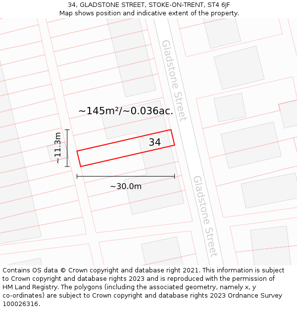 34, GLADSTONE STREET, STOKE-ON-TRENT, ST4 6JF: Plot and title map