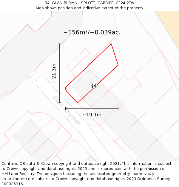 34, GLAN RHYMNI, SPLOTT, CARDIFF, CF24 2TW: Plot and title map