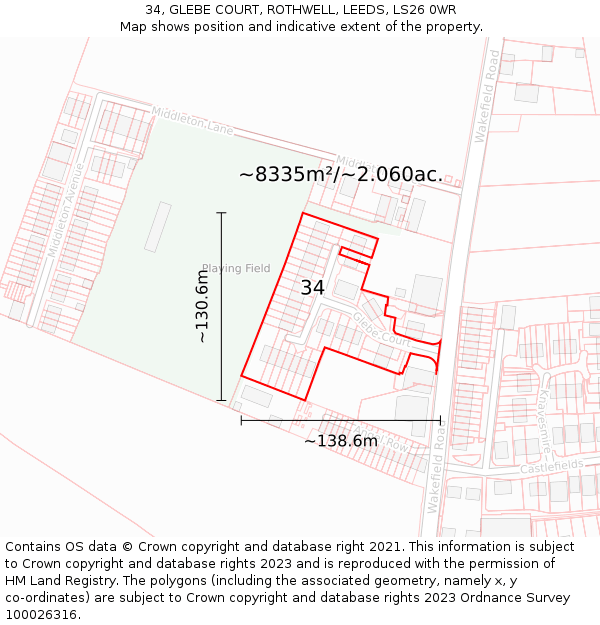 34, GLEBE COURT, ROTHWELL, LEEDS, LS26 0WR: Plot and title map