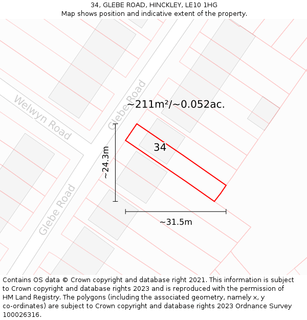 34, GLEBE ROAD, HINCKLEY, LE10 1HG: Plot and title map