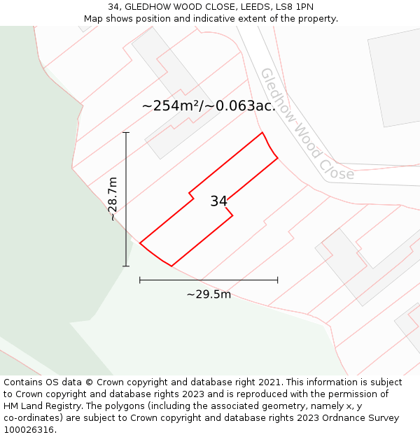 34, GLEDHOW WOOD CLOSE, LEEDS, LS8 1PN: Plot and title map