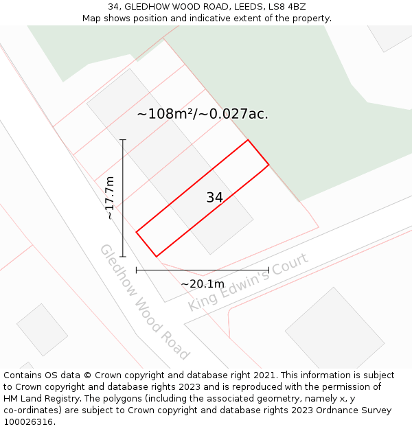 34, GLEDHOW WOOD ROAD, LEEDS, LS8 4BZ: Plot and title map