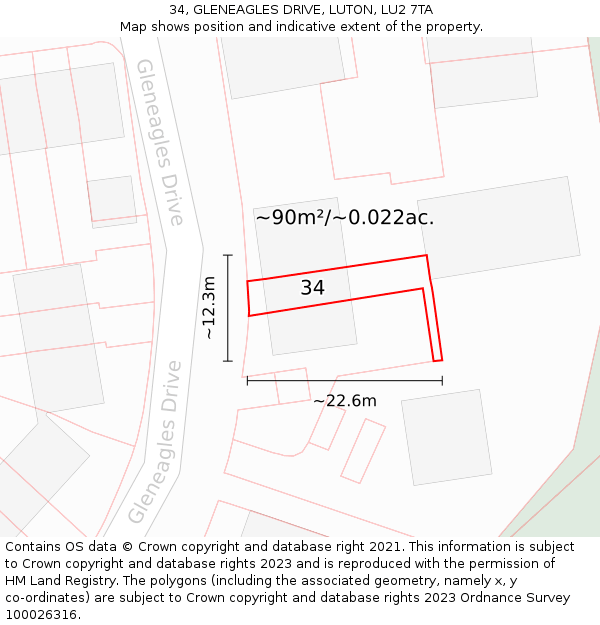 34, GLENEAGLES DRIVE, LUTON, LU2 7TA: Plot and title map