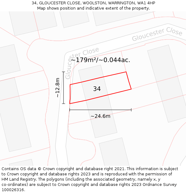 34, GLOUCESTER CLOSE, WOOLSTON, WARRINGTON, WA1 4HP: Plot and title map