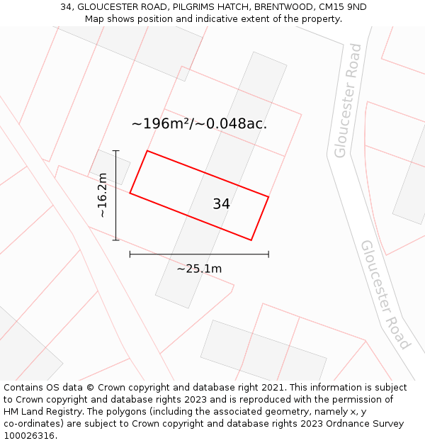 34, GLOUCESTER ROAD, PILGRIMS HATCH, BRENTWOOD, CM15 9ND: Plot and title map