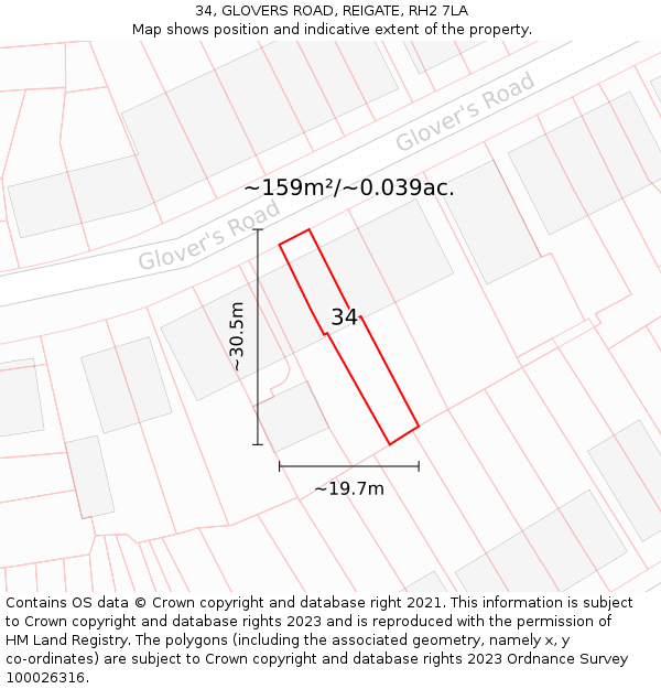 34, GLOVERS ROAD, REIGATE, RH2 7LA: Plot and title map