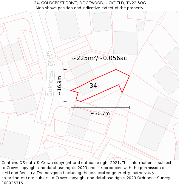 34, GOLDCREST DRIVE, RIDGEWOOD, UCKFIELD, TN22 5QG: Plot and title map