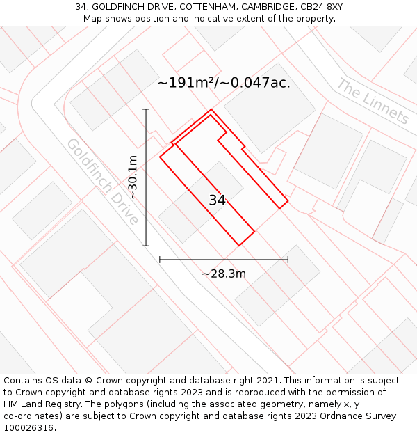 34, GOLDFINCH DRIVE, COTTENHAM, CAMBRIDGE, CB24 8XY: Plot and title map