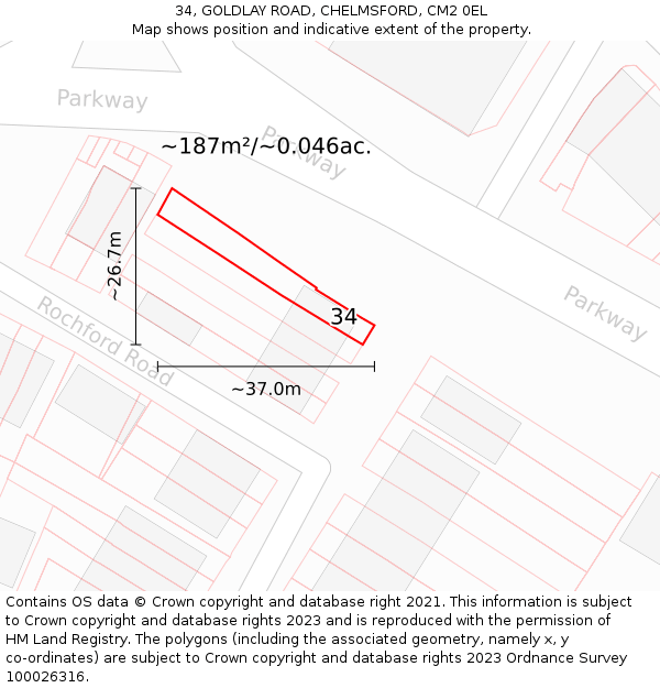 34, GOLDLAY ROAD, CHELMSFORD, CM2 0EL: Plot and title map