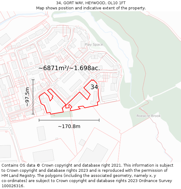 34, GORT WAY, HEYWOOD, OL10 1FT: Plot and title map