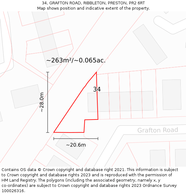 34, GRAFTON ROAD, RIBBLETON, PRESTON, PR2 6RT: Plot and title map