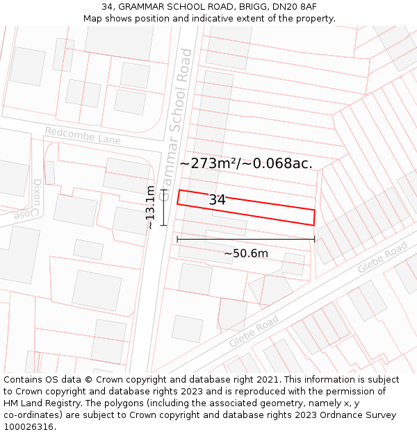 34, GRAMMAR SCHOOL ROAD, BRIGG, DN20 8AF: Plot and title map