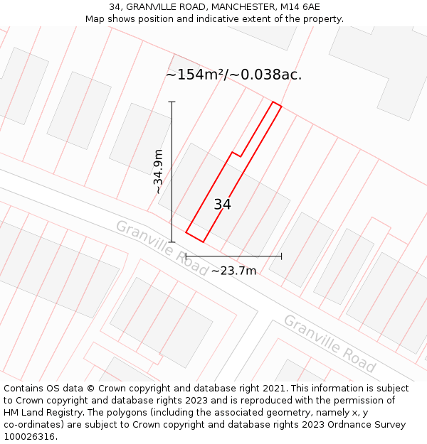 34, GRANVILLE ROAD, MANCHESTER, M14 6AE: Plot and title map