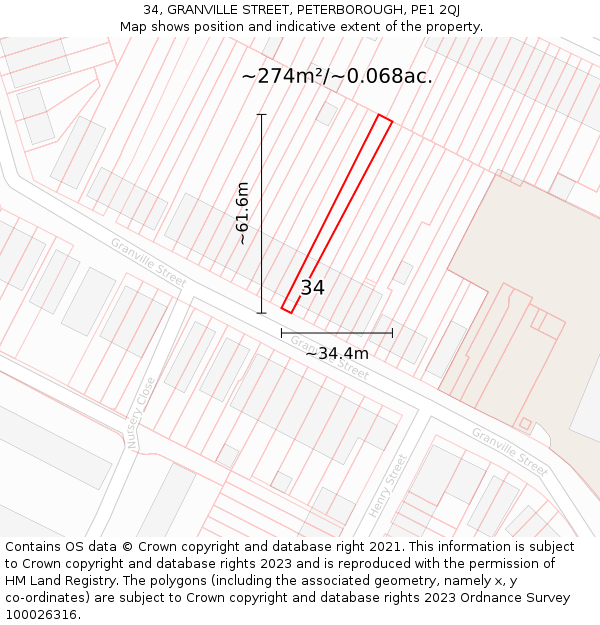 34, GRANVILLE STREET, PETERBOROUGH, PE1 2QJ: Plot and title map