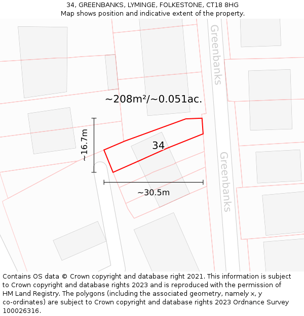 34, GREENBANKS, LYMINGE, FOLKESTONE, CT18 8HG: Plot and title map