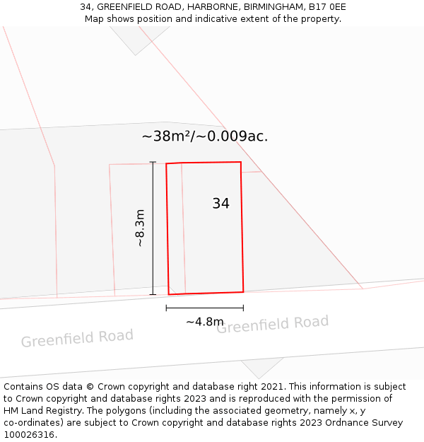 34, GREENFIELD ROAD, HARBORNE, BIRMINGHAM, B17 0EE: Plot and title map