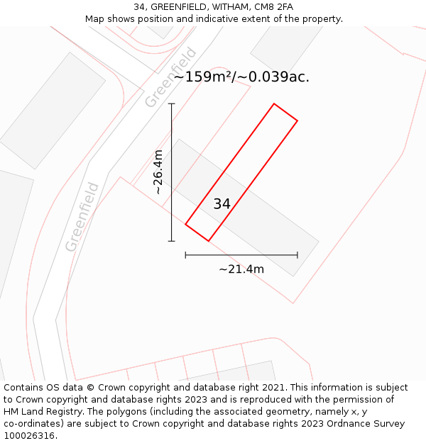 34, GREENFIELD, WITHAM, CM8 2FA: Plot and title map