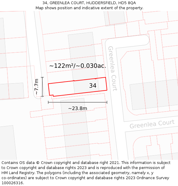 34, GREENLEA COURT, HUDDERSFIELD, HD5 8QA: Plot and title map