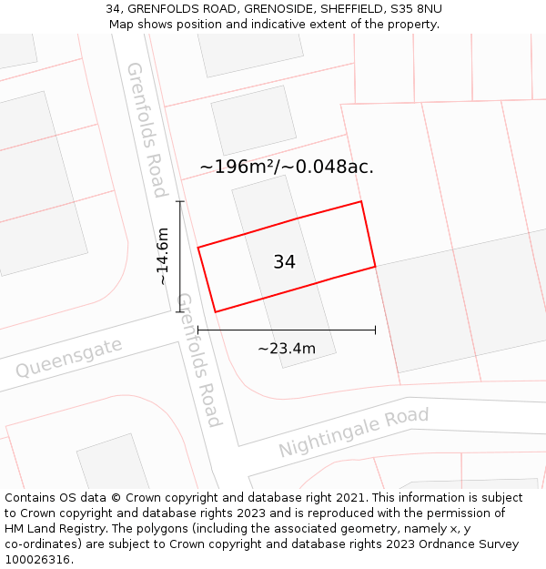 34, GRENFOLDS ROAD, GRENOSIDE, SHEFFIELD, S35 8NU: Plot and title map