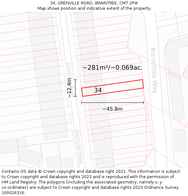 34, GRENVILLE ROAD, BRAINTREE, CM7 2PW: Plot and title map