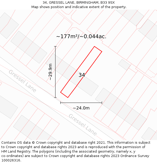 34, GRESSEL LANE, BIRMINGHAM, B33 9SX: Plot and title map