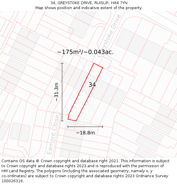 34, GREYSTOKE DRIVE, RUISLIP, HA4 7YN: Plot and title map
