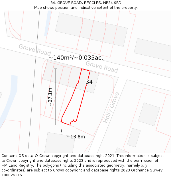 34, GROVE ROAD, BECCLES, NR34 9RD: Plot and title map