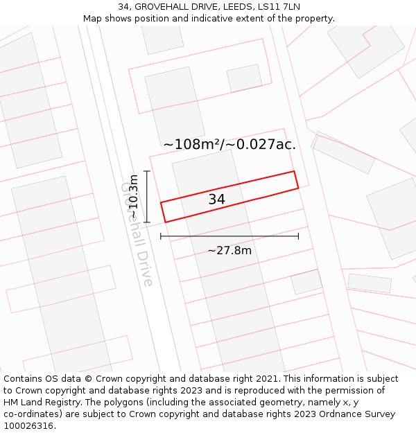 34, GROVEHALL DRIVE, LEEDS, LS11 7LN: Plot and title map