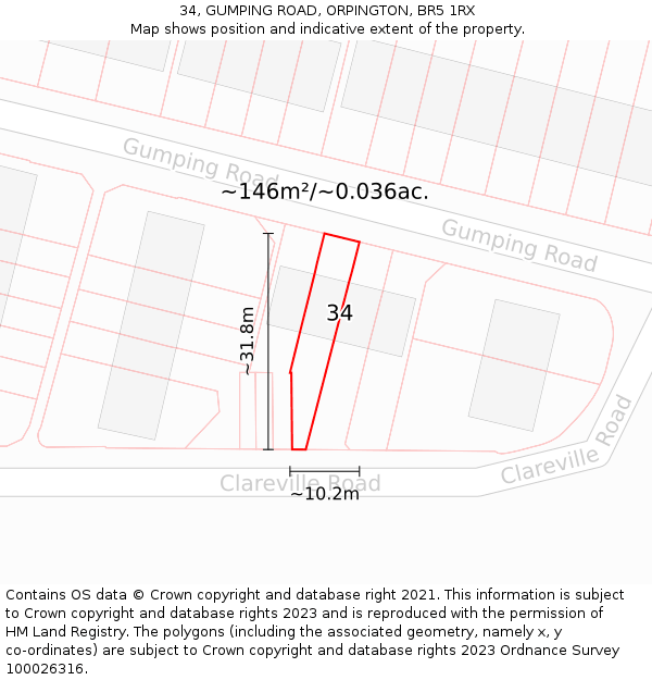 34, GUMPING ROAD, ORPINGTON, BR5 1RX: Plot and title map