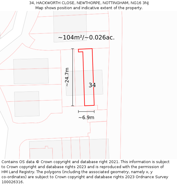 34, HACKWORTH CLOSE, NEWTHORPE, NOTTINGHAM, NG16 3NJ: Plot and title map