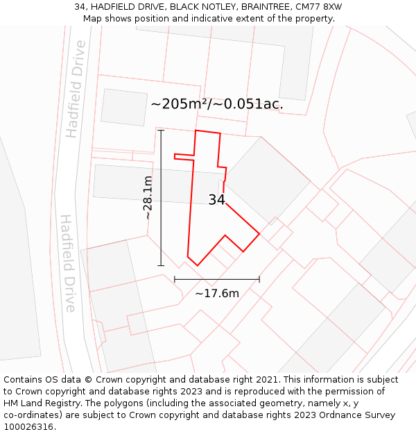 34, HADFIELD DRIVE, BLACK NOTLEY, BRAINTREE, CM77 8XW: Plot and title map
