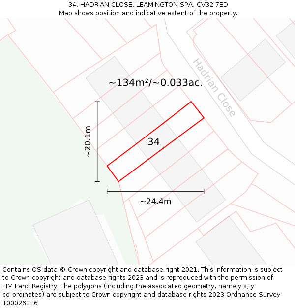 34, HADRIAN CLOSE, LEAMINGTON SPA, CV32 7ED: Plot and title map