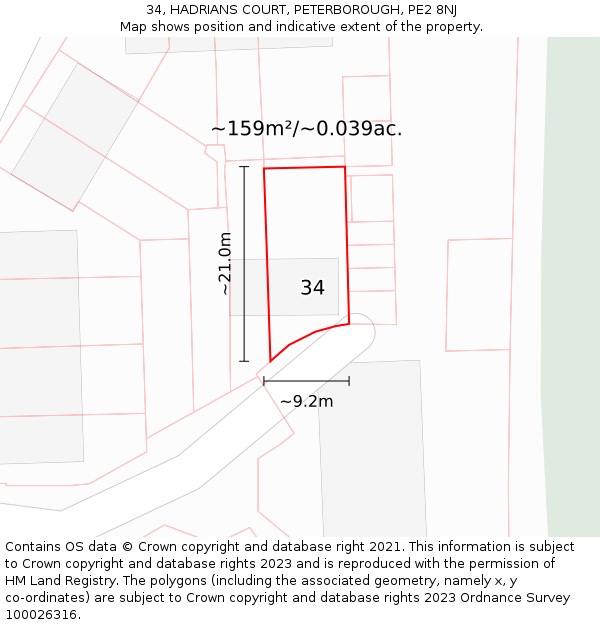 34, HADRIANS COURT, PETERBOROUGH, PE2 8NJ: Plot and title map