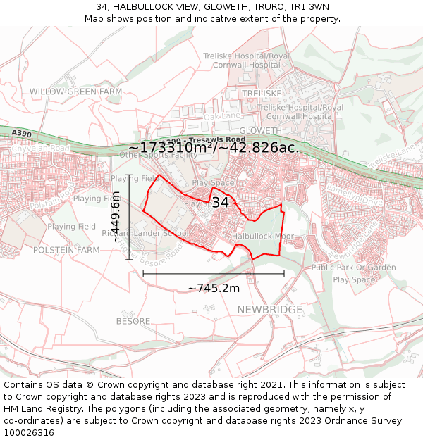 34, HALBULLOCK VIEW, GLOWETH, TRURO, TR1 3WN: Plot and title map