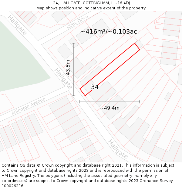 34, HALLGATE, COTTINGHAM, HU16 4DJ: Plot and title map