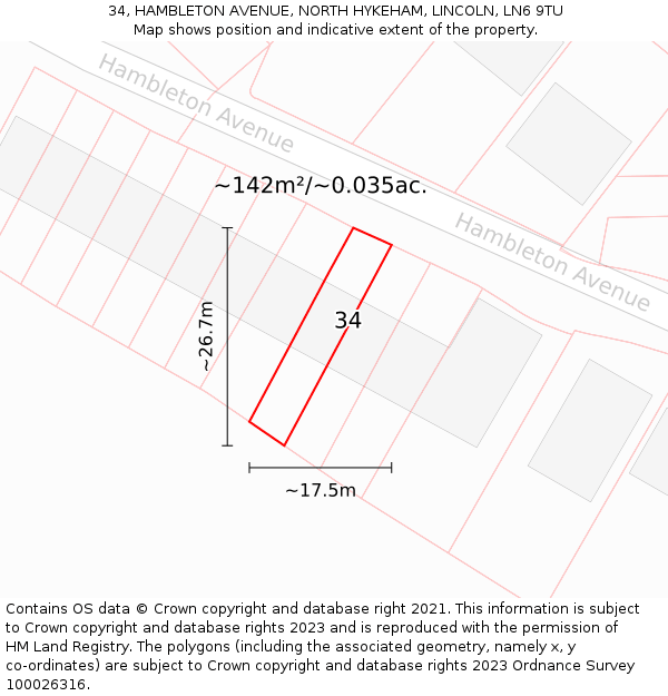 34, HAMBLETON AVENUE, NORTH HYKEHAM, LINCOLN, LN6 9TU: Plot and title map