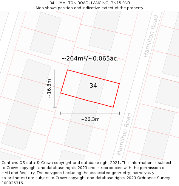 34, HAMILTON ROAD, LANCING, BN15 9NR: Plot and title map