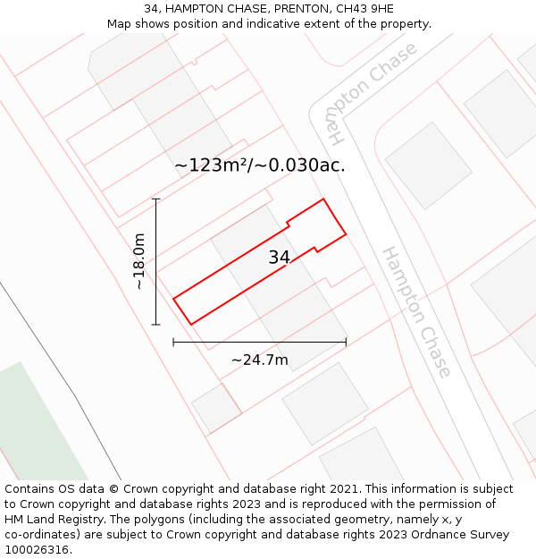 34, HAMPTON CHASE, PRENTON, CH43 9HE: Plot and title map