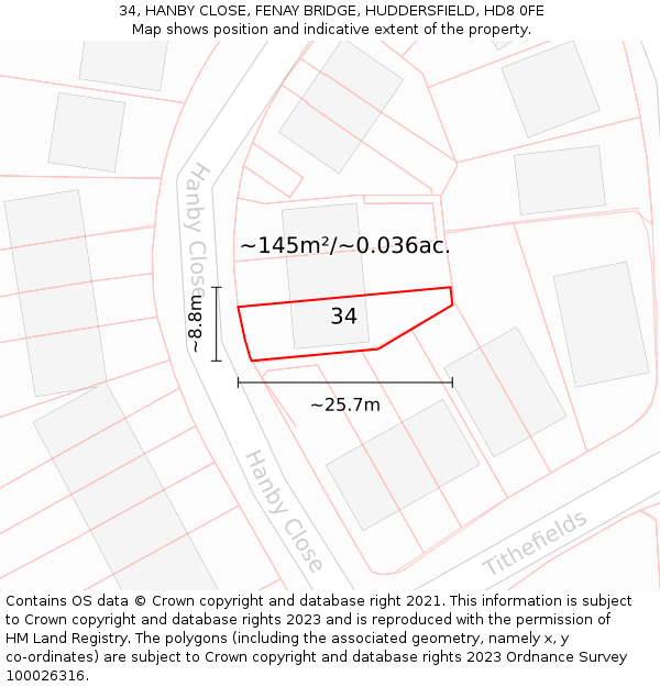 34, HANBY CLOSE, FENAY BRIDGE, HUDDERSFIELD, HD8 0FE: Plot and title map