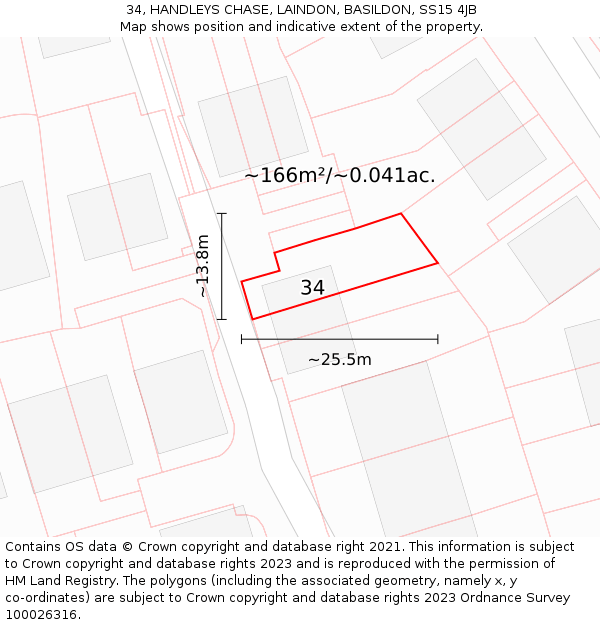 34, HANDLEYS CHASE, LAINDON, BASILDON, SS15 4JB: Plot and title map