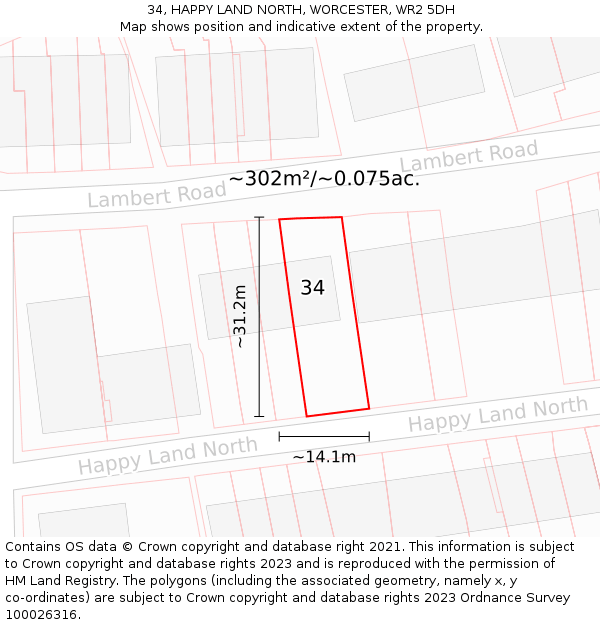 34, HAPPY LAND NORTH, WORCESTER, WR2 5DH: Plot and title map