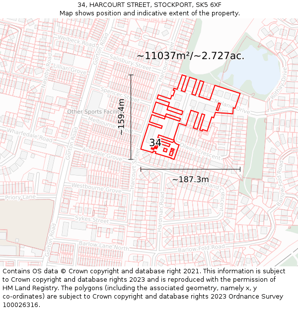 34, HARCOURT STREET, STOCKPORT, SK5 6XF: Plot and title map