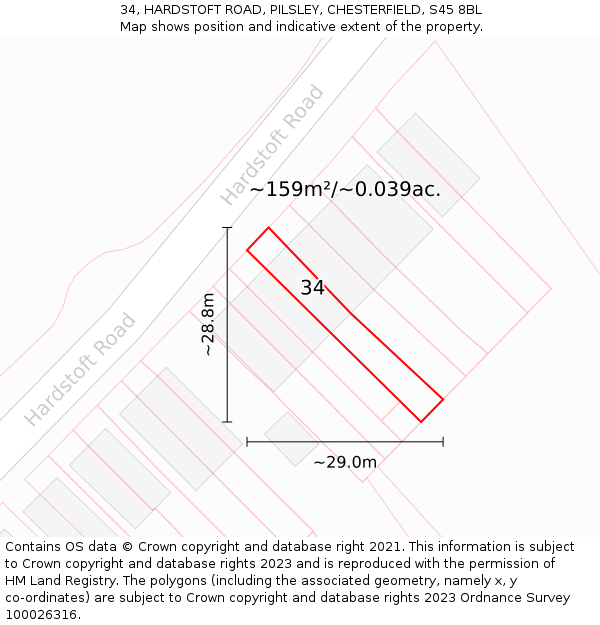 34, HARDSTOFT ROAD, PILSLEY, CHESTERFIELD, S45 8BL: Plot and title map